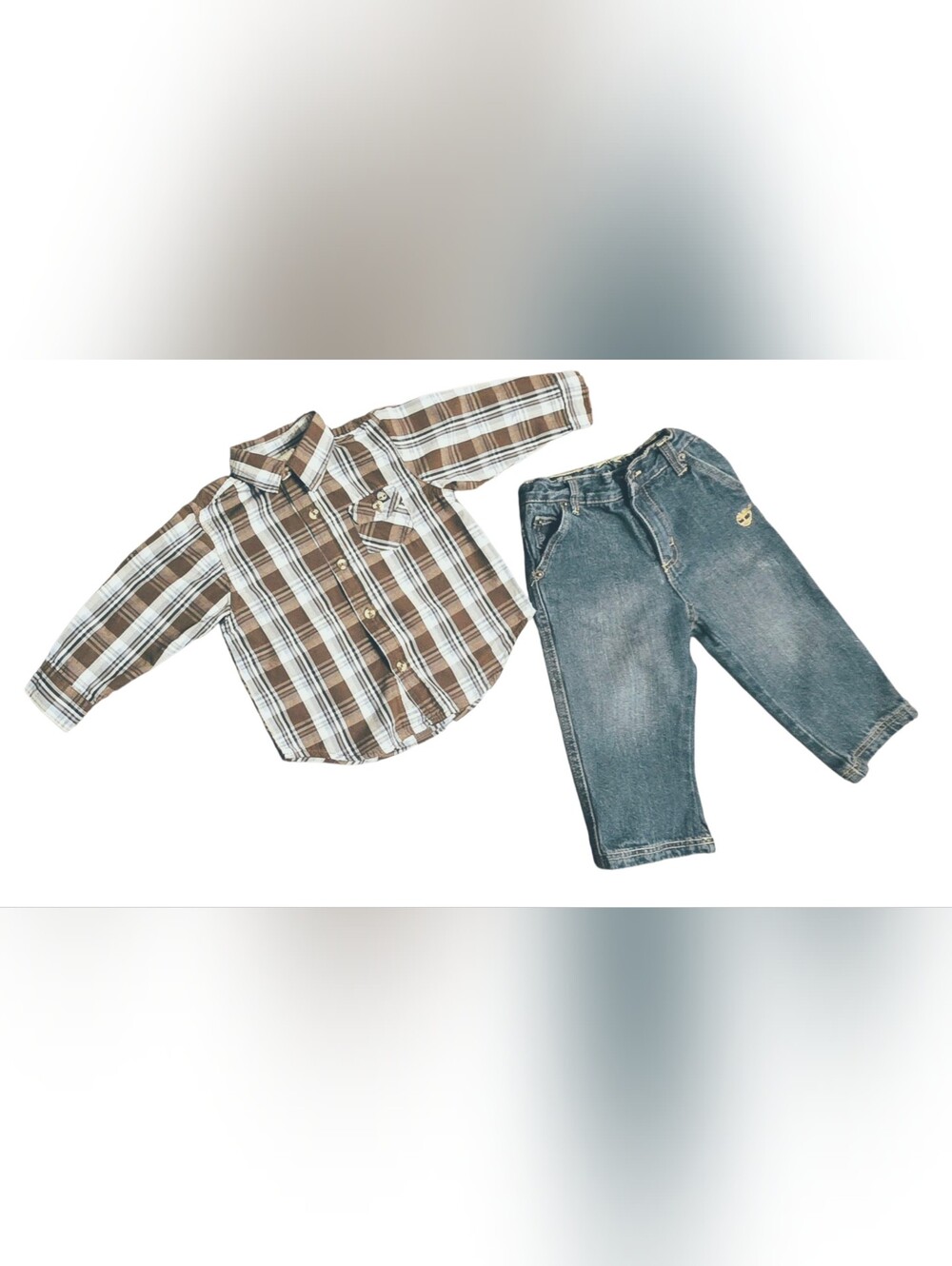 Timberland Plaid Long-Sleeve Shirt Medium-Wash Denim Jeans Boys Outfit Size 24M